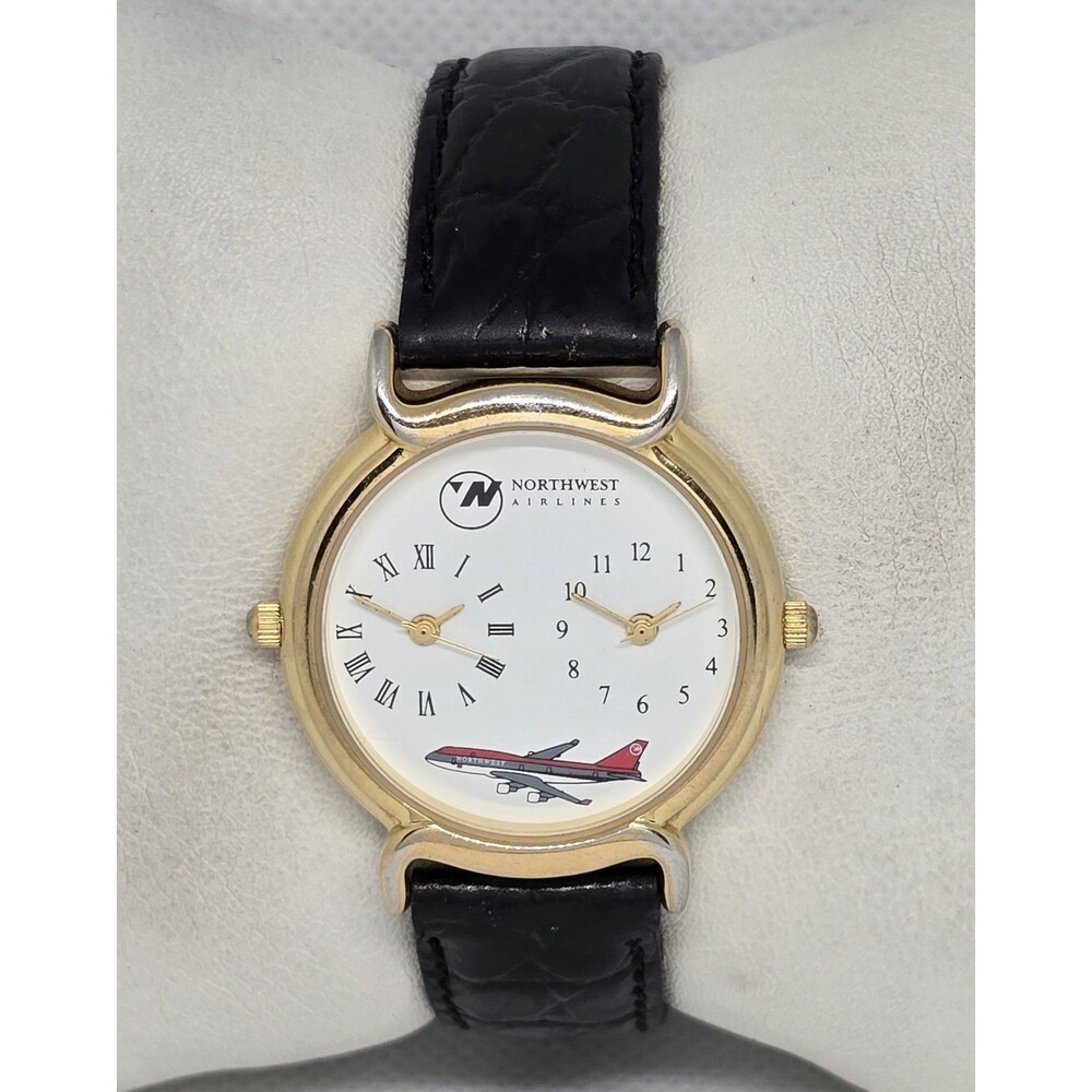 Unisex Northwest Airlines Dual Time Zone Gold Tone Black Leather Strap Watch 13